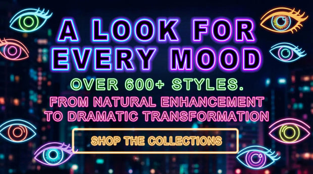 Neon-style banner with illustrated eyes and the text “A Look for Every Mood,” promoting 600+ colored contact lens styles from natural enhancement to dramatic transformation, with a “Shop the Collections” button.