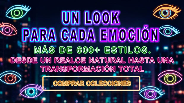 Lentes de contacto de colores: un look para cada emoción, más de 600 estilos del realce natural a la transformación total, banner neón con botón “comprar colecciones”