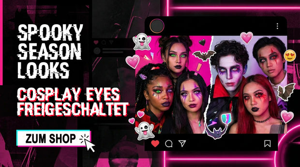 Halloween-Cosplay-Kontaktlinsen, Social-Media-Collage mit gruseligem Make-up und auffälligen Augen, Neon-Design mit Button „zum Shop“