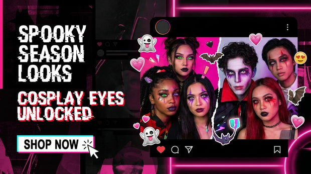 Halloween promo banner reading “Spooky Season Looks—Cosplay Eyes Unlocked,” featuring a social-style collage of models in dramatic makeup with glowing colored contacts, plus a “Shop Now” button.