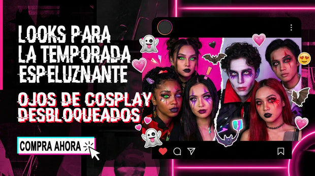 Lentes de contacto para cosplay de Halloween: looks para la temporada espeluznante, collage estilo red social con maquillaje oscuro y botón “compra ahora”