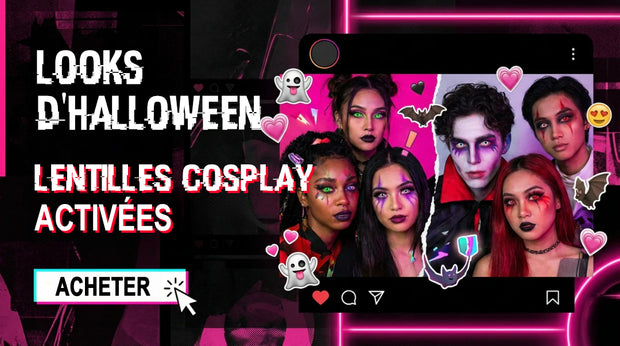 Lentilles de contact cosplay pour Halloween, montage style réseau social avec maquillages effrayants et bouton « acheter » sur fond néon