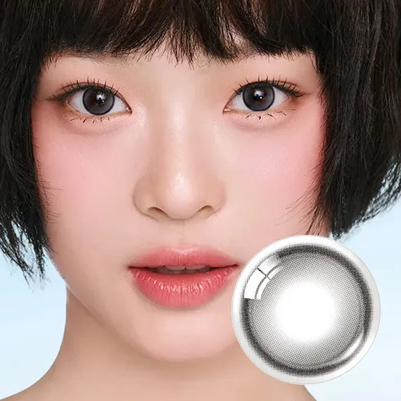Model wearing Olens Glowy Tear 1Day Gray showing dewy eye effect