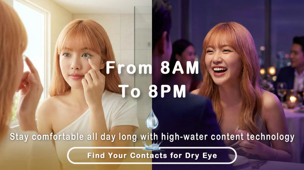 Split-screen contact lens ad showing a woman applying lenses in the morning and smiling at dinner at night, with text “From 8AM to 8PM,” highlighting all-day comfort with high–water content technology and a “Find Your Contacts for Dry Eye” button.