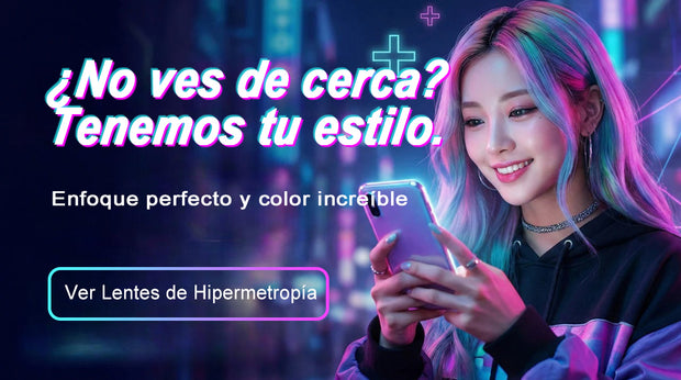 Lentes de contacto de colores para hipermetropía: enfoque nítido de cerca y estilo, mujer usando el móvil con fondo neón y botón para ver lentes