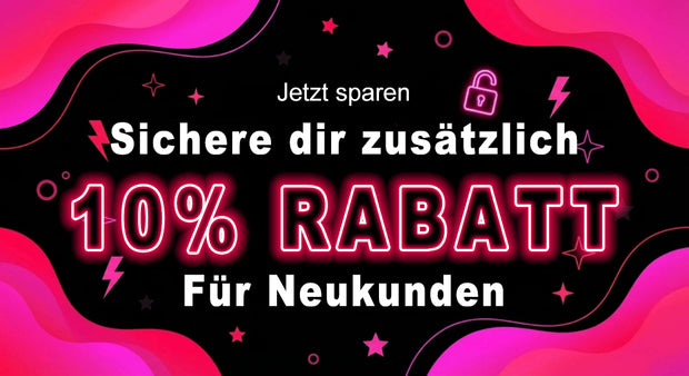 Promo-Banner: 10% Rabatt für Neukunden, pink-schwarzer Neon-Hintergrund mit Symbolen und Text „jetzt sparen“