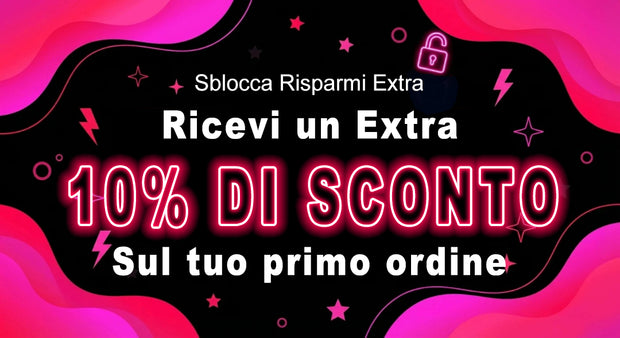 Banner promozionale: 10% di sconto extra sul primo ordine — grafica neon rosa e nera con icone e stelle