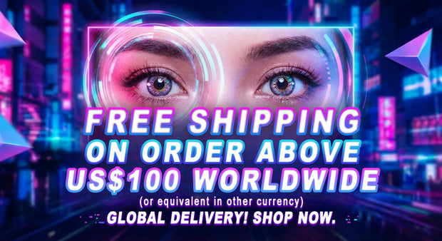 Neon promo banner with close-up eyes wearing colored contact lenses, advertising free worldwide shipping on orders over US$100 (or local currency equivalent) and “Global delivery—shop now.”