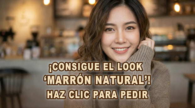 Lentes de contacto de color marrón natural, mujer sonriendo en una cafetería y texto “haz clic para pedir” en el banner
