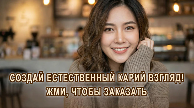 Цветные линзы для естественного карего оттенка — улыбающаяся девушка в уютном кафе, призыв нажать и заказать