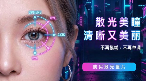 散光专用隐形眼镜广告横幅，眼睛特写搭配球面、散光度数与轴位示意图，霓虹背景并有「选购散光隐形眼镜」按钮